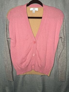 Magaschoni Cashmere Colorblock Cardigan Pink Camel Gray Button Sweater XS